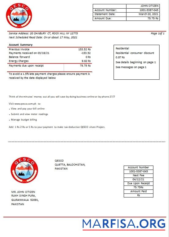 Realistic Pakistan Quetta Electric Supply Company electricity utility bill template in Word and PDF format